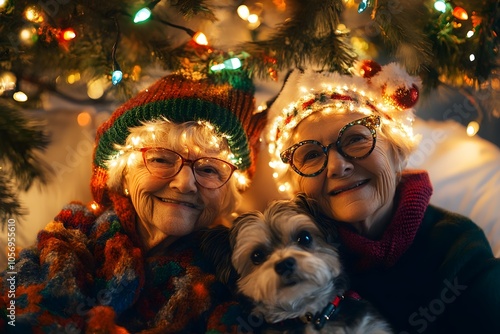 Two women wearing elf hats and glasses are posing with a dog