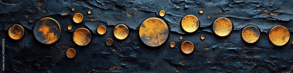 Abstract design featuring circular golden elements on a dark background. Abstract design featuring circular golden elements on a dark background.