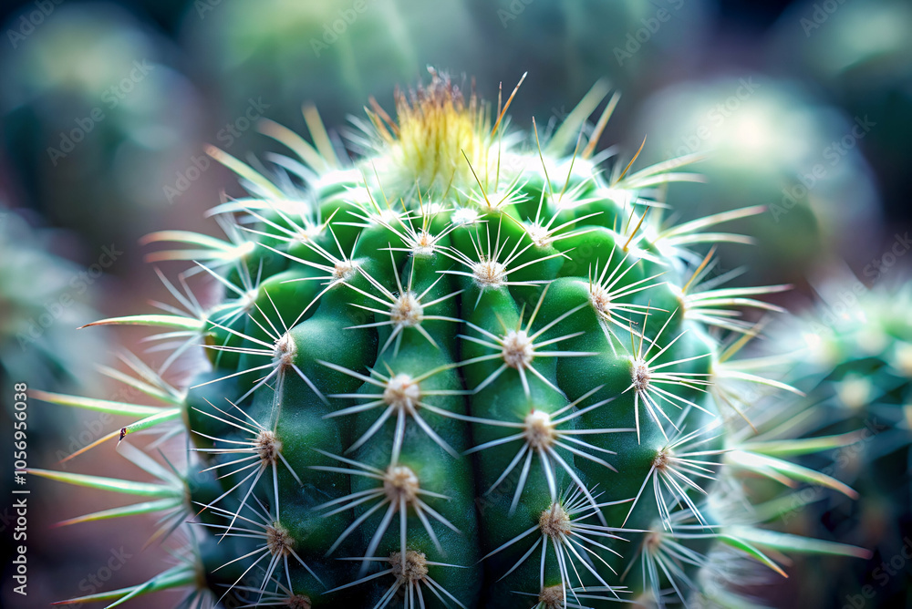 A close-up shot of a green cactus covered in spines, showcasing its unique texture and vibrant color. A close-up shot of a green cactus covered in spines, showcasing its unique texture and vibrant color.
