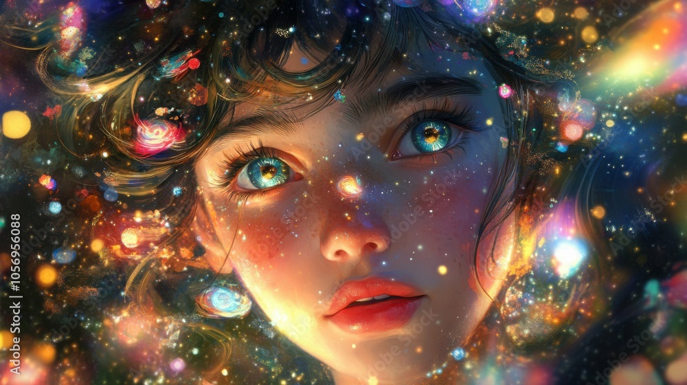 the infinite cosmos and vivid lights shimmer in the eyes of a spirited girl, reflecting her boundless energy and enthusiasm. the infinite cosmos and vivid lights shimmer in the eyes of a spirited girl, reflecting her boundless energy and enthusiasm.