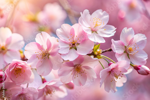 A close-up of delicate pink cherry blossoms in full bloom, showcasing their soft petals against a blurred background of spring hues.