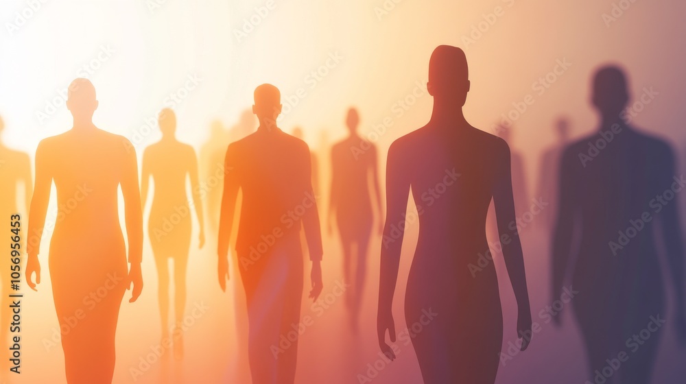 Silhouetted figures emerge from a foggy landscape, creating a mysterious atmosphere with warm tones and ethereal light. Silhouetted figures emerge from a foggy landscape, creating a mysterious atmosphere with warm tones and ethereal light.