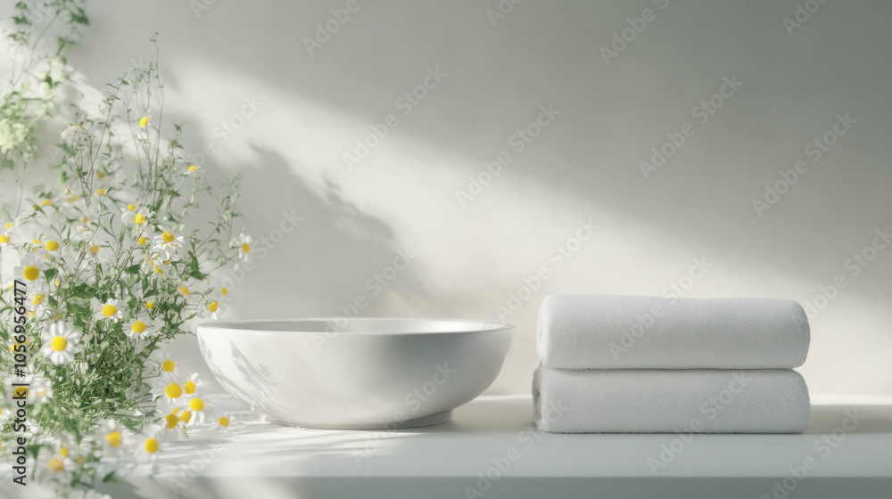 serene bathroom scene featuring white bowl and neatly stacked towels beside delicate flowers. soft lighting enhances calming atmosphere, perfect for relaxation serene bathroom scene featuring white bowl and neatly stacked towels beside delicate flowers. soft lighting enhances calming atmosphere, perfect for relaxation