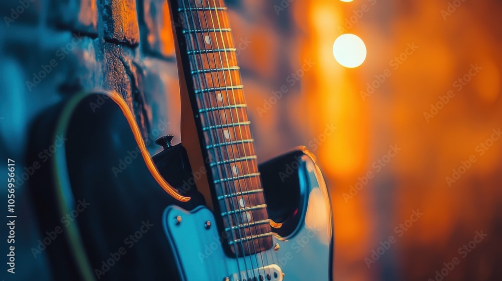 Obraz premium A low-angle view of a guitar leaning against a wall, showing the neck and frets, with a softly blurred room background.