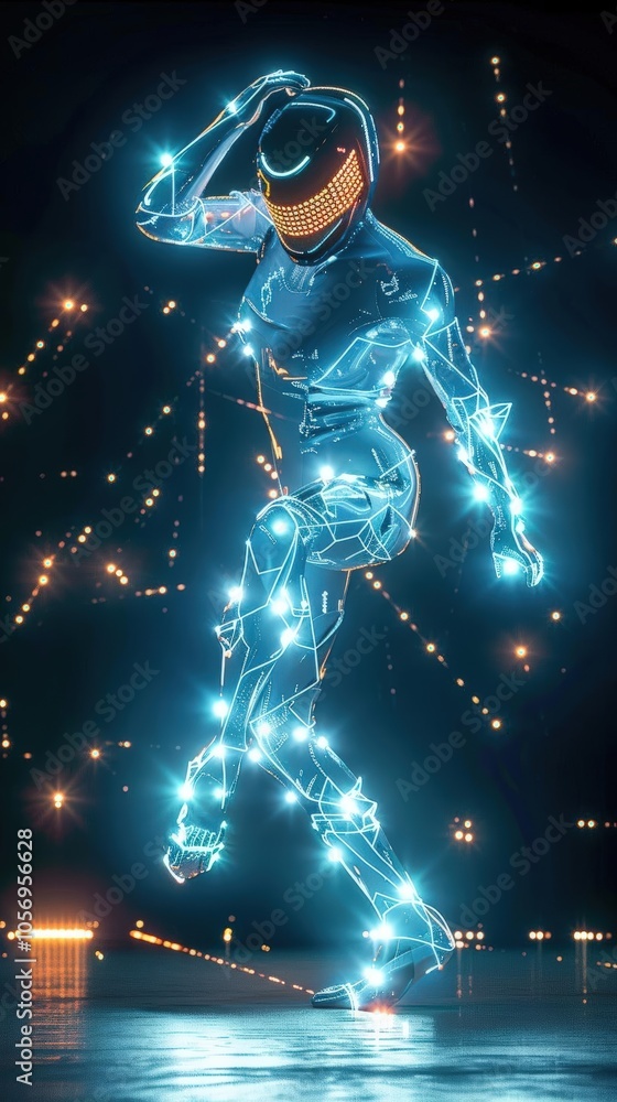 Illustrate a dancer in a futuristic suit blending traditional ballet with technology Show intricate details like glowing circuit patterns Illustrate a dancer in a futuristic suit blending traditional ballet with technology Show intricate details like glowing circuit patterns