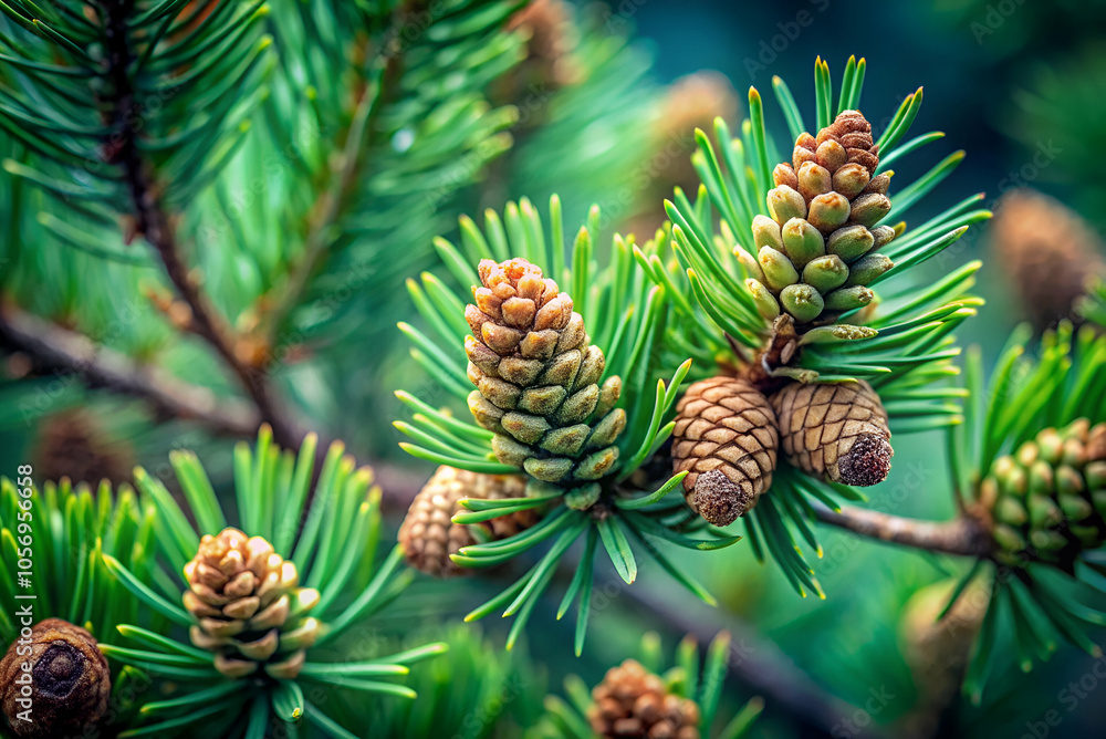 A close-up of a pine tree branch featuring green needles and developing pine cones, showcasing rich textures and natural beauty. A close-up of a pine tree branch featuring green needles and developing pine cones, showcasing rich textures and natural beauty.