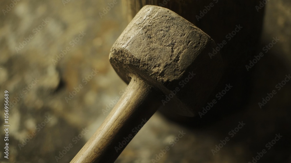 A close-up shot of the mallet's head, capturing the details and any wear, with the handle softly blurred behind it. A close-up shot of the mallet's head, capturing the details and any wear, with the handle softly blurred behind it.