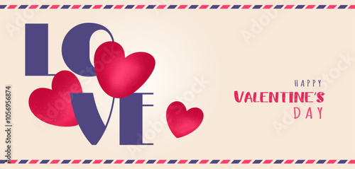 Valentine's day banner or card with envelop and bright big  hand drawn textured hearts, 14 February holiday background, horizontal vector illustration 