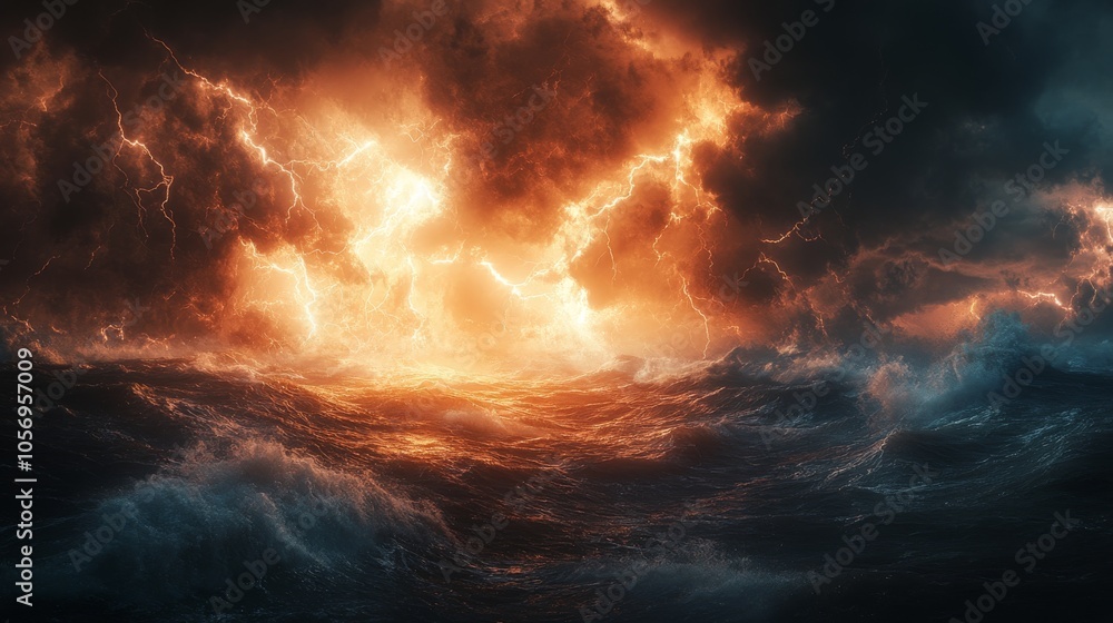 Stormy Seascape with Lightning and Turbulent Waves Stormy Seascape with Lightning and Turbulent Waves