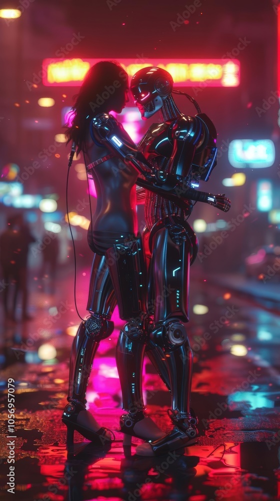 Illustrate a scene where advanced cyborgs engage in romantic dances under neon lights