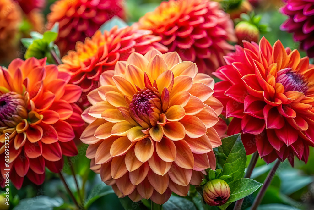 A stunning array of vibrant dahlias in shades of orange and red, showcasing intricate petals and a lush green backdrop. A stunning array of vibrant dahlias in shades of orange and red, showcasing intricate petals and a lush green backdrop.