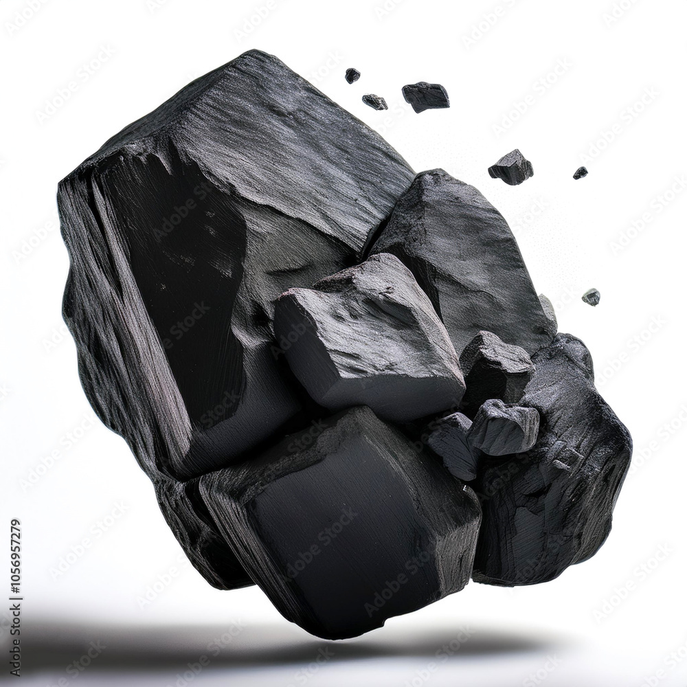 Black coal floating or flying isolated white background Black coal floating or flying isolated white background