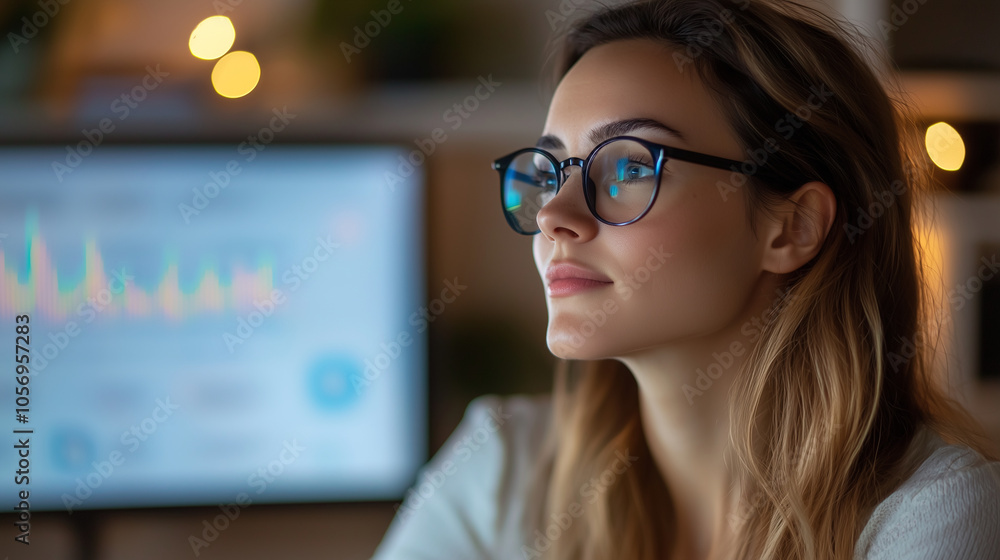 Female Entrepreneur Analyzing Performance Metrics in Neon Office Female Entrepreneur Analyzing Performance Metrics in Neon Office
