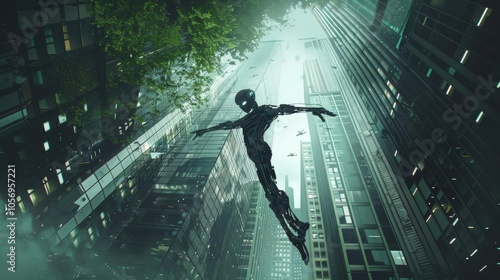 Illustrate a surreal fusion of a robotic dancer among towering skyscrapers in an urban jungle, blending futuristic elements with a photorealistic touch photo