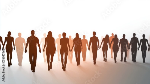 Silhouettes of diverse people walking together, symbolizing unity and community. Ideal for themes of connection and collaboration.