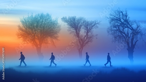 Silhouettes of people walking through a misty landscape at dawn, surrounded by colorful trees under a serene sky.