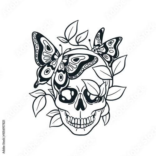 Skull with butterfly and leaf. Retro skeleton head bone, tattoo design. Vinta...