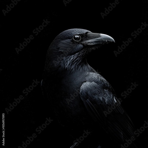 Dark crow on black background with dramatic lighting.
