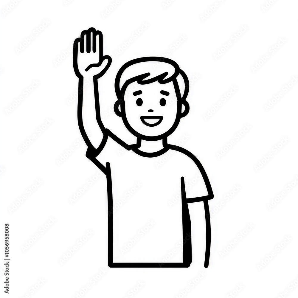 simple black-and-white line drawing of a smiling boy raising his hand. The illustration has a clean, minimalist style, making it ideal for educational or instructional contexts simple black-and-white line drawing of a smiling boy raising his hand. The illustration has a clean, minimalist style, making it ideal for educational or instructional contexts