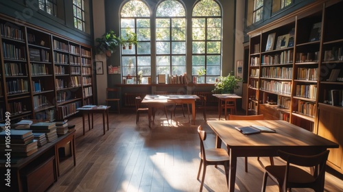 Wallpaper Mural Bright library with wooden tables, natural light, and open bookshelves, offering a modern space for quiet reading Torontodigital.ca