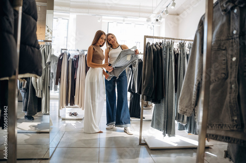 Checking the sweater. Two female friends are in the retail store, choosing clothes, shopping