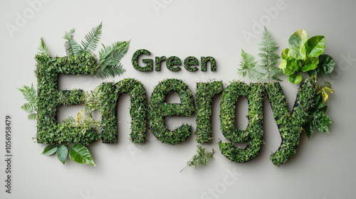 words "Green Energy" crafted entirely from lush green plants and leaves against a neutral background. It visually emphasizes eco-friendliness, sustainability, and a commitment to the environment