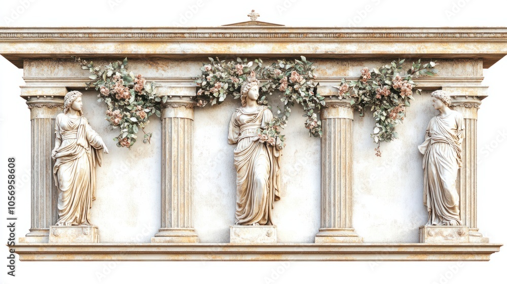 Classical Roman mural with floral accents and frescoed figures, giving a timeless look, isolated on white Classical Roman mural with floral accents and frescoed figures, giving a timeless look, isolated on white
