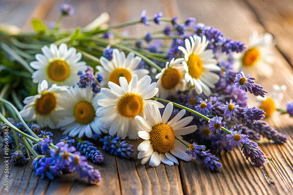 A vibrant bouquet of daisies and lavender arranged on a rustic wooden surface, showcasing natural beauty and springtime charm. A vibrant bouquet of daisies and lavender arranged on a rustic wooden surface, showcasing natural beauty and springtime charm.