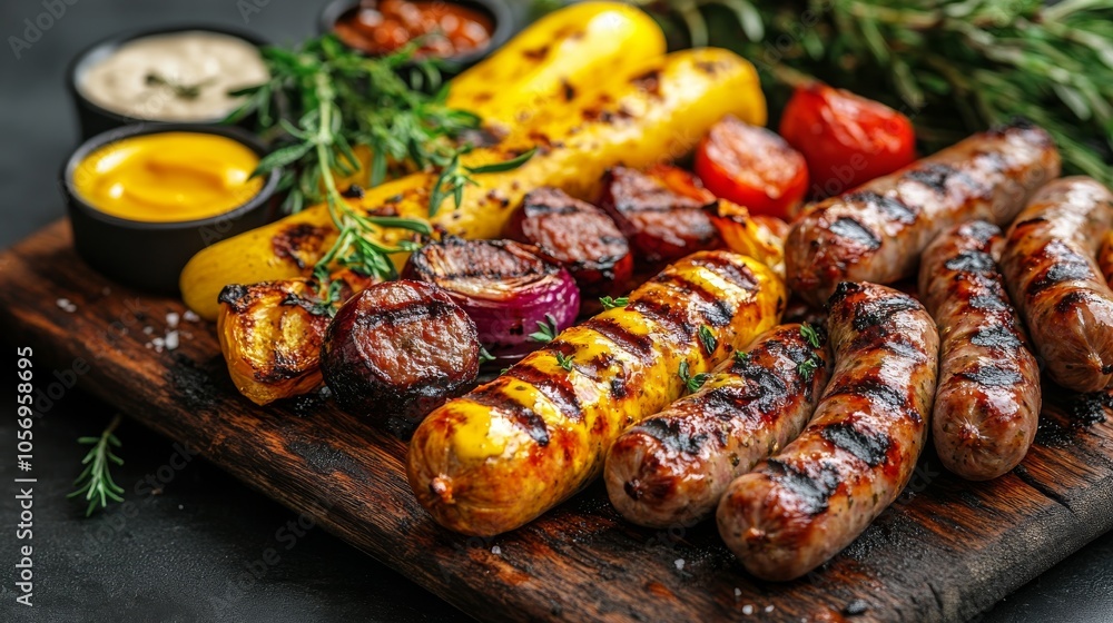 Grilled Sausages, Vegetables, and Dips on a Wooden Board Grilled Sausages, Vegetables, and Dips on a Wooden Board