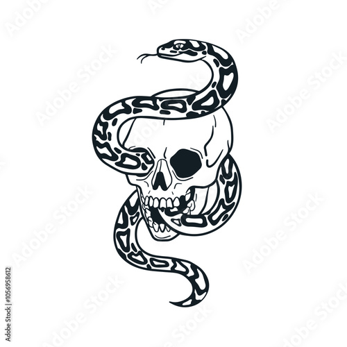 Skull with serpent, vintage drawing. Skeleton head bone with snake, detailed ...