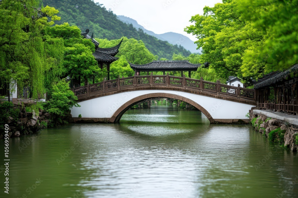 Serene riverside scene featuring a quaint bridge, surrounded by lush greenery and gentle flowing waters. Serene riverside scene featuring a quaint bridge, surrounded by lush greenery and gentle flowing waters.