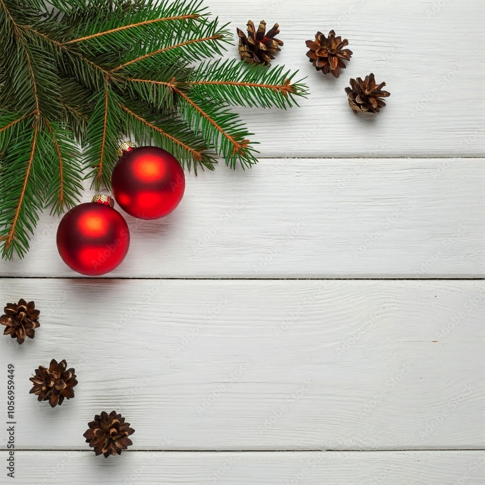 Christmas flat lay composition on white wooden background. It includes fir branches, red ornaments, pine cones, cinnamon sticks, small gift and wooden hearts. Space for text or design. Christmas flat lay composition on white wooden background. It includes fir branches, red ornaments, pine cones, cinnamon sticks, small gift and wooden hearts. Space for text or design.