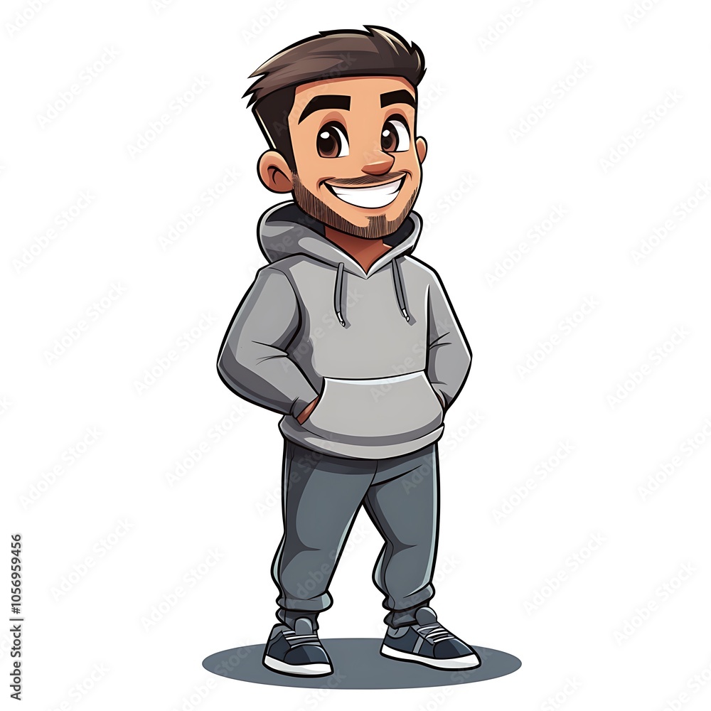 Cartoon guy with a mischievous grin in a hoodie and ripped jeans on a white background. Cartoon guy with a mischievous grin in a hoodie and ripped jeans on a white background.