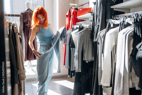 In blue dress, redhead. Woman chooses clothes in retail store