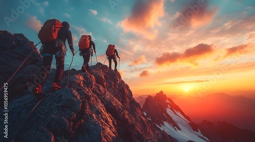 A group of mountain climbers climbing up, Beautiful mountain on peoples