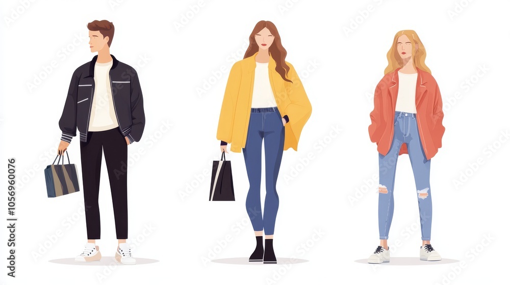 Obraz premium Stylish young adults showcasing modern fashion trends in casual attire, ideal for lifestyle and fashion-related projects.