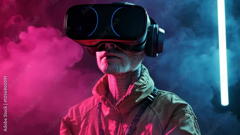 An older person explores virtual reality with a headset in a dimly lit studio An older person explores virtual reality with a headset in a dimly lit studio