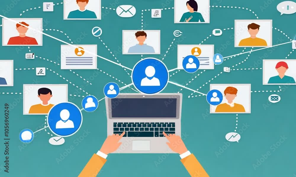 Illustration of a network connecting people through a laptop, symbolizing communication and collaboration. Illustration of a network connecting people through a laptop, symbolizing communication and collaboration.