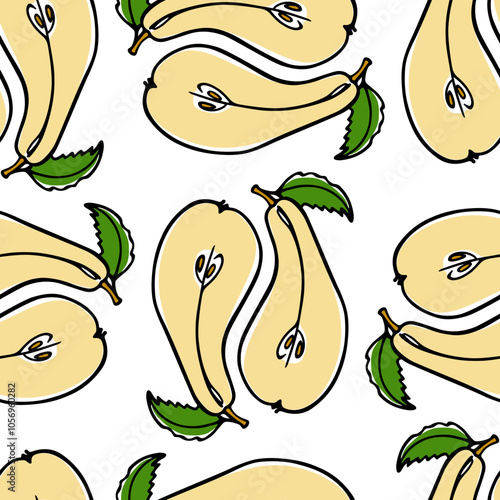 Vector seamless pattern with hand drawn juicy ripe pears cut in halves. Vegetarian, healthy food illustration. Beautiful food design elements, perfect for prints and patterns