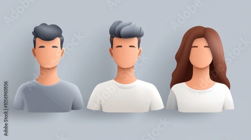 Three diverse characters with various hairstyles and expressions, perfect for illustrating diversity and inclusion in designs. photo