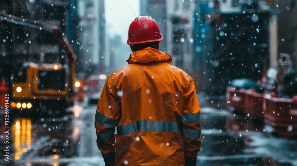Fototapeta premium Construction Worker in Orange Jacket and Red Hardhat Standing in Snow