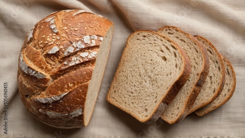 Rustic wholegrain sourdough bread, artisan texture, perfect for food backgrounds or bakery concepts.