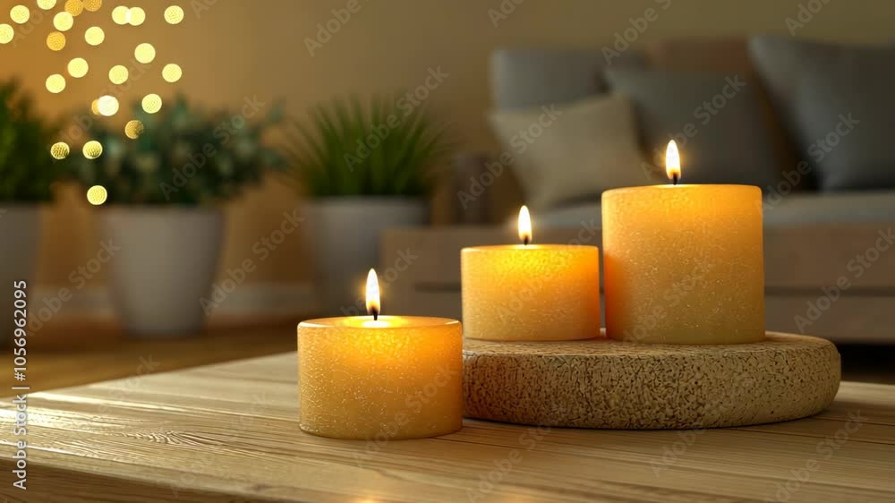 Three candles burn brightly on a wooden table in a living room setting Three candles burn brightly on a wooden table in a living room setting