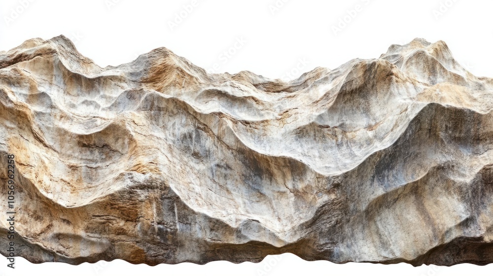 Detailed view of mountain surface with wave textures in rock, showing age and weathering, isolated on white Detailed view of mountain surface with wave textures in rock, showing age and weathering, isolated on white