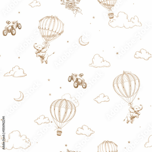 Seamless pattern with cute baby elephant flying in a hot air balloon and retro baby car in toile de jouy style. Vintage line art background.