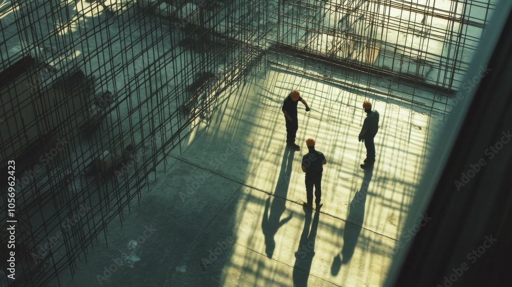 Construction workers building a steel framework for a new building Construction workers building a steel framework for a new building