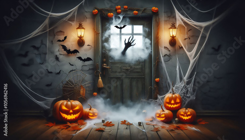 Happy Halloween Celebrate October 31st Festival Pumpkin Ghost In The Exit Door  Painting, creative image by AI photo