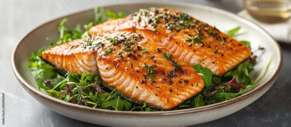 Close-up of grilled salmon fillets served on a bed of fresh salad greens. Close-up of grilled salmon fillets served on a bed of fresh salad greens.