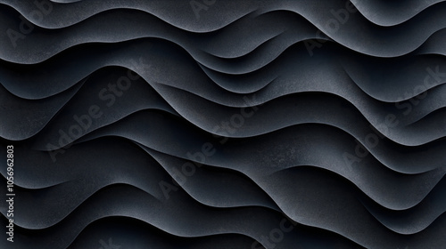 Abstract black textured waves forming a layered pattern with smooth curves and shadows, creating a sense of depth and movement.