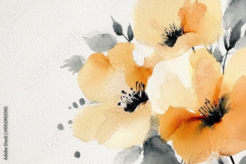 Delicate watercolor flowers with soft orange and grey shades on a white background.